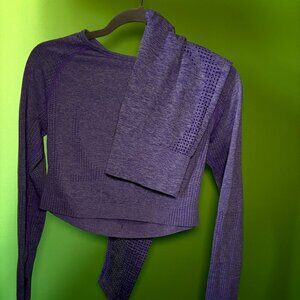 Matching purple two piece workout set, long sleeve, thumb holes, flattering
